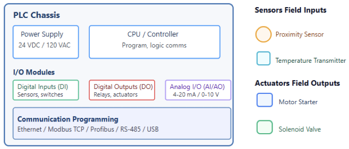 Simplified PLC architecture shows a standalone PLC connected to field devices