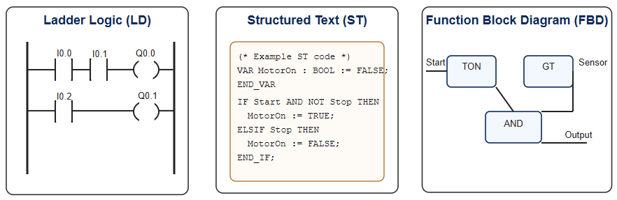 PLC Programming Languages: LD (left), ST (middle),  and FBD (right)
