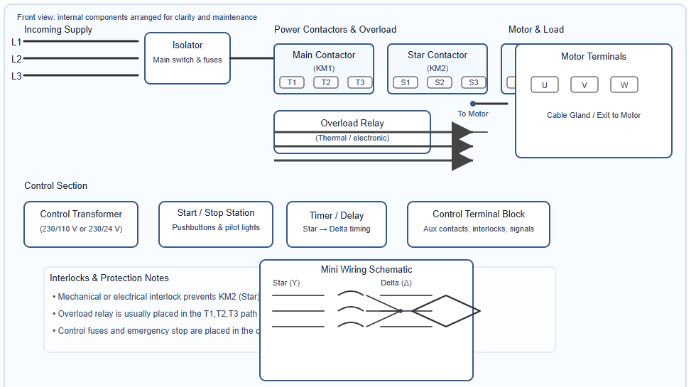 Star-Delta Starter: Labeled panel layout