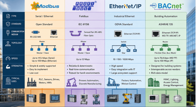 Industrial Communication Protocols Compared: Modbus, Profibus, EtherNet/IP & BACnet